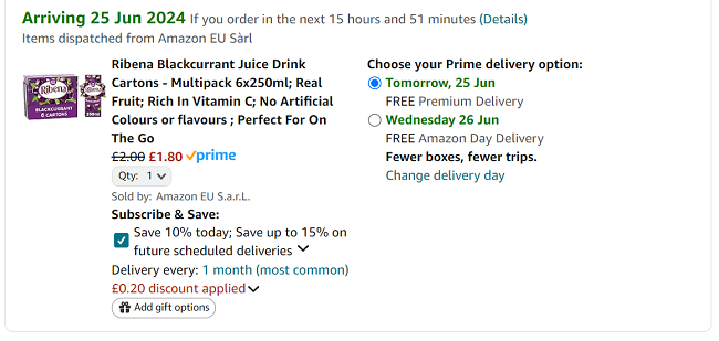 Screenshot showing Ribena Blackcurrant Juice Drink Cartons 6 x 250ml for £1.80 at Amazon