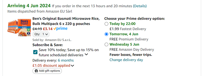 Screenshot showing Ben's Original Basmati Microwave Rice, Bulk Multipack 6 x 220g Pouches for £3.14 at Amazon