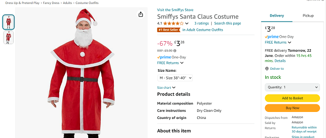 Screenshot showing Smiffys Santa Claus Costume for £3.28 at Amazon