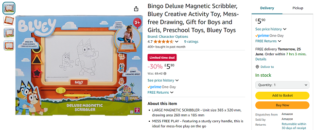 Screenshot showing Bluey Bingo Deluxe Magnetic Scribbler for £5.90 at Amazon