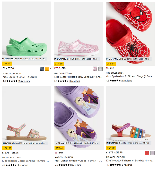 Screenshot of reduced footwear at Marks & Spencer