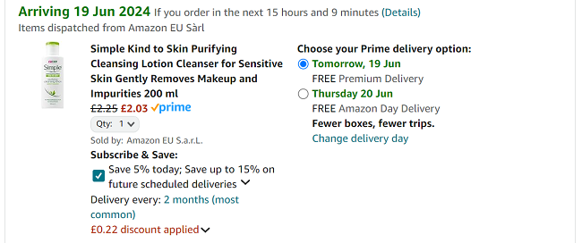 Screenshot showing Simple Kind to Skin Cleanser for £2.03 at Amazon
