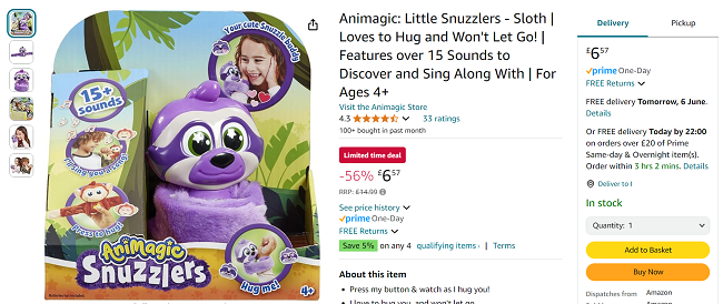 Screenshot showing Animagic: Little Snuzzlers Sloth for £6.57 at Amazon