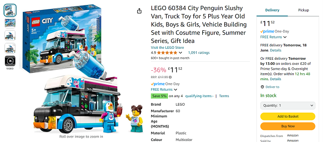 Screenshot showing LEGO 60384 City Penguin Slushy Van for £11.52 at Amazon