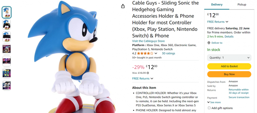 Screenshot showing Cable Guys Sliding Sonic the Hedgehog Game Controller & Phone Holder for £12 at Amazon