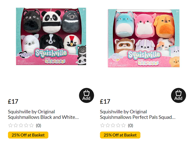 Screenshot showing Squishville by Original Squishmallows Perfect Pals or Black & White Squad Plush at Asda George