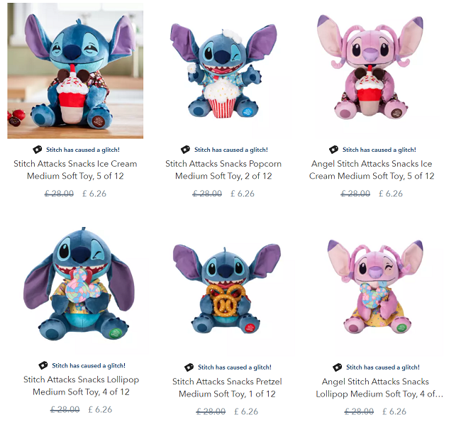 Screenshot showing Stitch Soft Toys for £6.26 at Disney Store