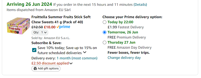 Screenshot showing Fruittella Summer Fruits Stick Soft Chew Sweets 41 g (Pack of 40) for £10 at Amazon