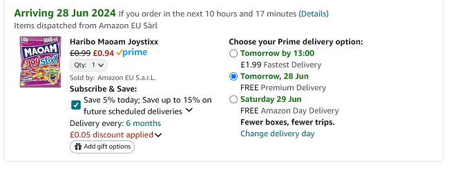 Screenshot showing Haribo Maoam Joystixx 140g for 94p at Amazon