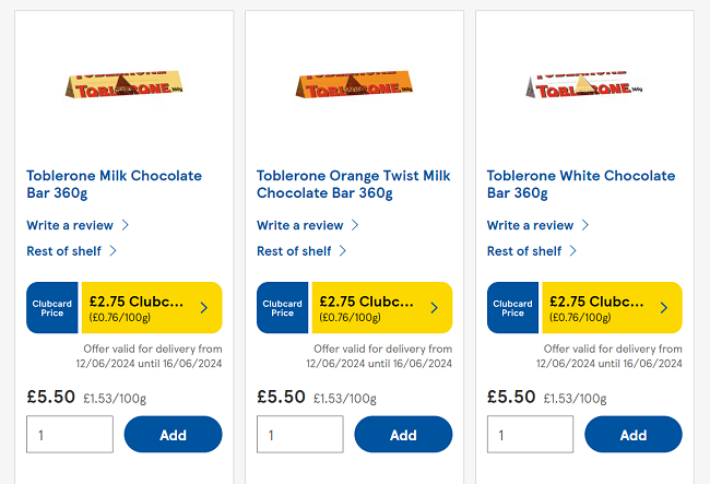 Screenshot showing Toblerone 360g Milk, White and Orange Twist for £2.75 at Tesco