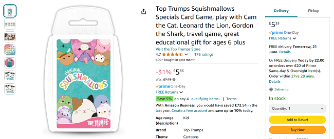Screenshot showing Top Trumps Squishmallows Specials Card Game for £5.33 at Amazon