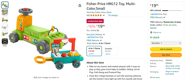 Screenshot showing Fisher-Price Laugh & Learn 4-In-1 Farm To Market Tractor Ride-On Learning Toy for £19.99 at Amazon