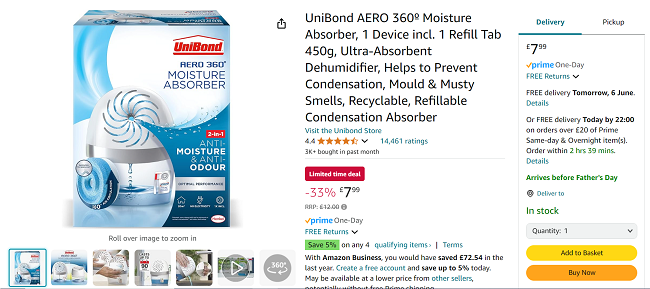 Screenshot showing UniBond AERO 360º Moisture Absorber for £7.99 at Amazon