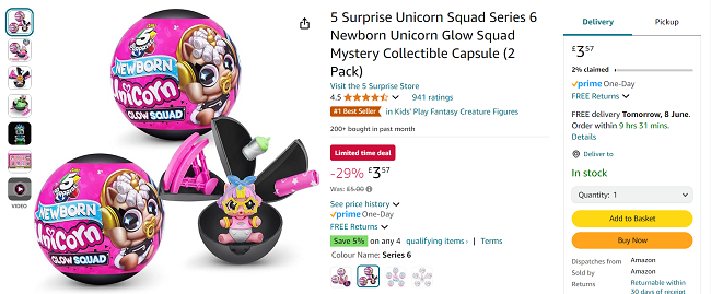 Screenshot showing 5 Surprise Unicorn Squad Series 6 Newborn Unicorn Glow Squad Mystery Collectible Capsule (2 Pack) for £3.57 at Amazon