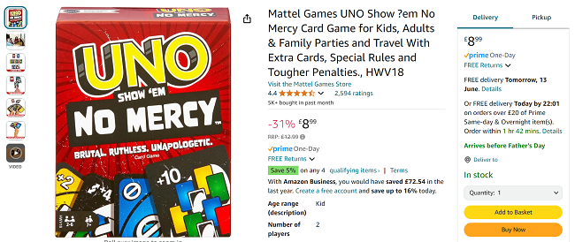 Screenshot showing UNO Show 'em No Mercy Card Game for £8.99 at Amazon