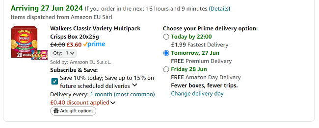 Screenshot showing Walkers Classic Variety Multipack Crisps Box 20 x 25g for £3.60 at Amazon