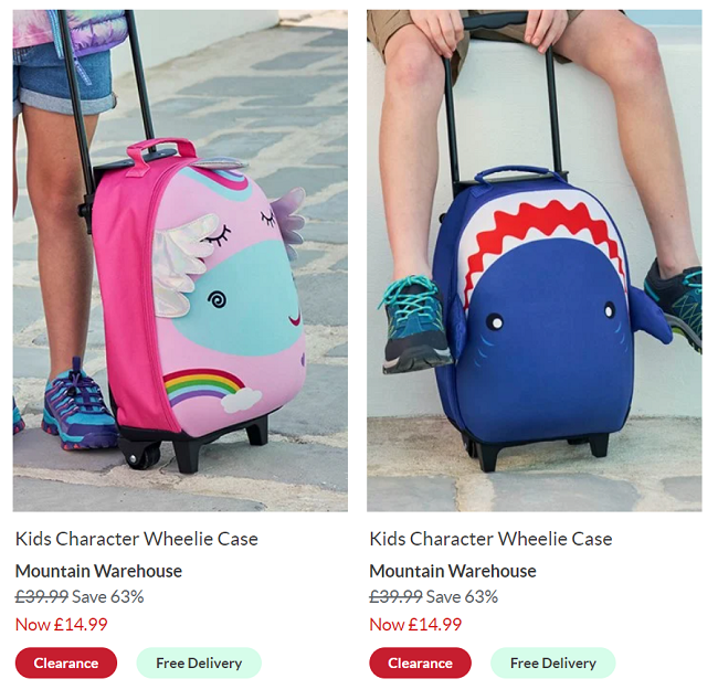 Screenshot showing Kids Unicorn abd Shark Wheelie Case £14.99 with free delivery at Mountain Warehouse