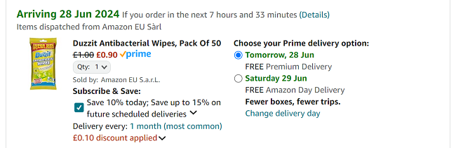 Screenshot showing Duzzit Antibacterial Wipes Pack Of 50 for 90p at Amazon