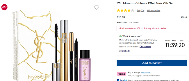 Screenshot showing YSL Mascara Volume Effet Faux Cils Set for £16 at Boots