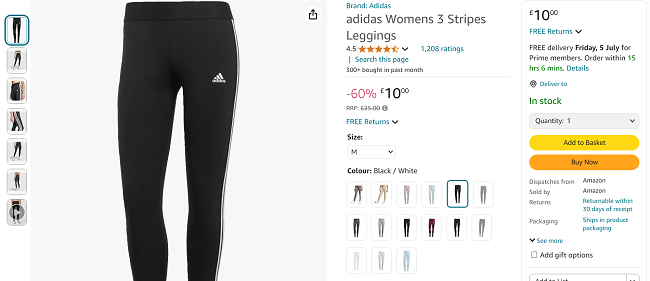 Screenshot showing Adidas Women's 3 Stripes Leggings Black for £10 at Amazon