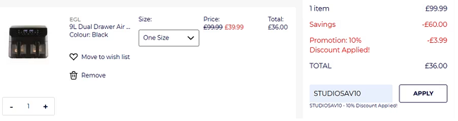 Screenshot showing EGL 9L Dual Drawer Air Fryer for £36 with code at Studio