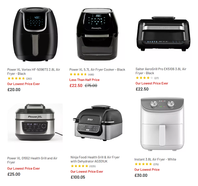 Screenshot showing reduced air fryers at Argos