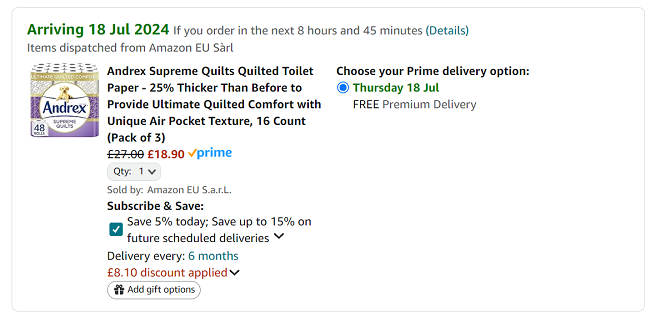 Screenshot showing Andrex Supreme Quilts Quilted Toilet Paper 48 Rolls for £18.90 at Amazon