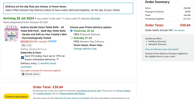 Screenshot showing Andrex Gentle Clean Toilet 45 Roll Pack x 2 for £30.84 at Amazon