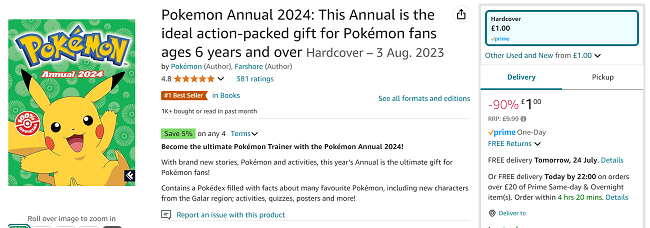Screenshot showing Pokemon Annual 2024 for £1 at Amazon