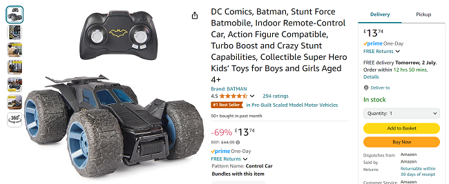 Screenshot showing DC Comics Batman RC Stunt Force Batmobile for £13.74 at Amazon