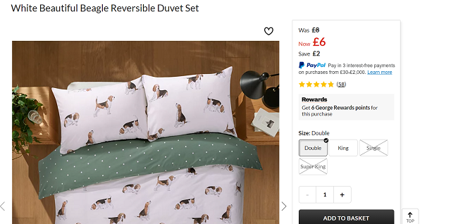 Screenshot showing White Beautiful Beagle Reversible Duvet Set at Asda George