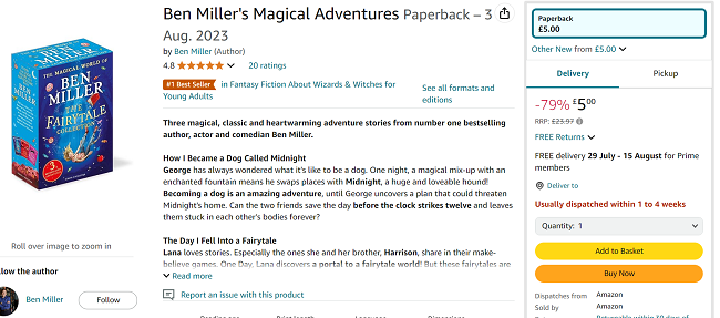 Screenshot showing Ben Miller's Magical Adventures 3 Book Set for £5 at Amazon