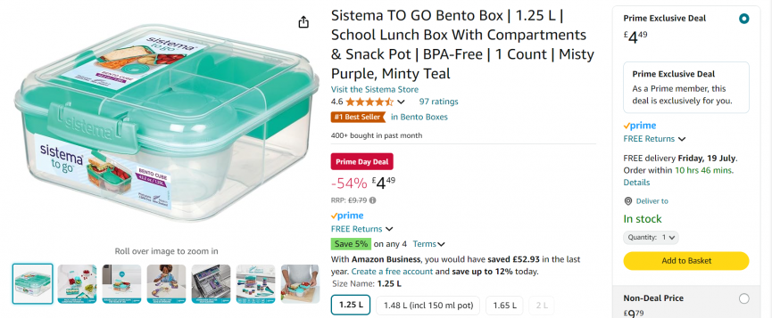 Screenshot showing Sistema Bento Box Lunch Box With Snack Pot for £4.49 at Amazon