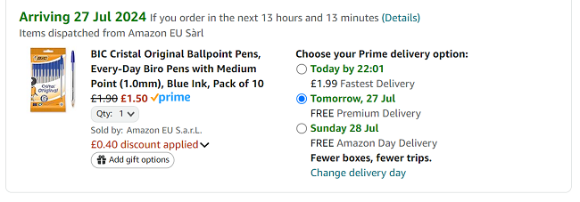 Screenshot showing Bic Cristal Original Ballpoint Pens Pack Of 10 for £1.50 at Amazon