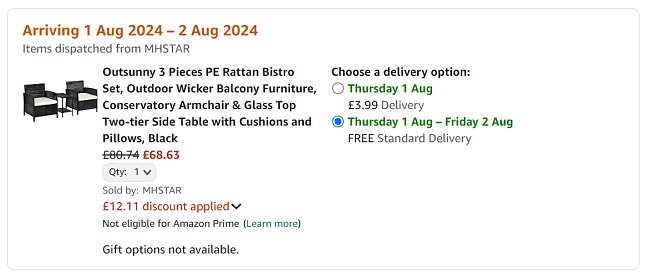 Screenshot showing Outsunny 3 Piece PE Rattan Bistro Set for £68.63 at Amazon seller MH STAR