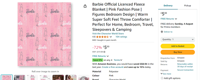 Screenshot showing Barbie Fleece Blanket for £5 at Amazon