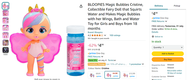 Screenshot showing Bloopies Magic Bubbles Cristine for £4.99 at Amazon
