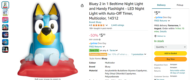 Screenshot showing Bluey 2 in 1 Bedtime Night Light & Flashlight for £5 at Amazon
