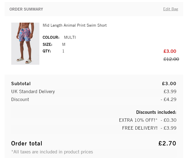 Screenshot showing Men's Swim Shorts for £2.70 delivered with codes at Boohoo Man