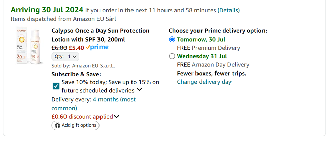 Screenshot showing Calypso Once a Day Sun Protection Lotion SPF 30, 200ml for £5.40 at Amazon
