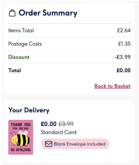 Screenshot showing free Thank You Teacher card at Moonpig