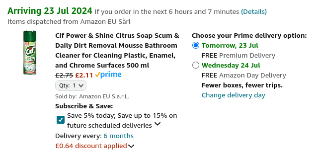 Screenshot showing Cif Power & Shine Citrus Bathroom Mousse 500ml for £2.11 at Amazon