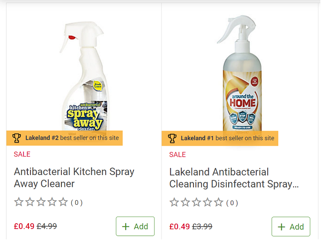 Screenshot showing Antibacterial Spray Cleaner for 49p at Lakeland