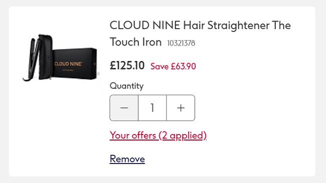 Screenshot showing CLOUD NINE Hair Straightener The Touch Iron for £125.10 at Boots