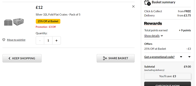 Screenshot showing Silver 32L Fold Flat Crates - Pack of 5 for £9 at Asda George