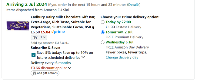 Screenshot showing Cadbury Dairy Milk Chocolate Gift Bar 850g for £5.84 at Amazon