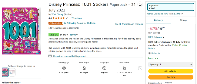 Screenshot showing Disney Princess: 1001 Stickers book for £3 at Amazon
