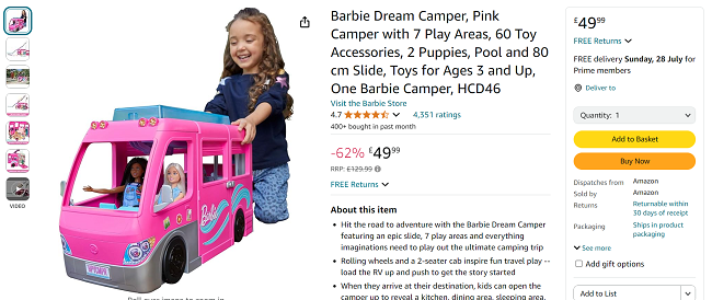 Screenshot showing Barbie Dream Camper for £49.99 at Amazon