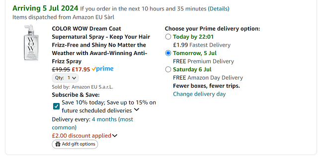 Screenshot showing Color Wow Dream Coat Supernatural Spray 200ml for £17.95 at Amazon
