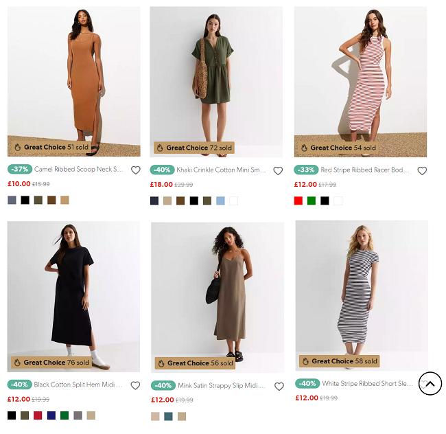 Screenshot showing reduced dresses at New Look
